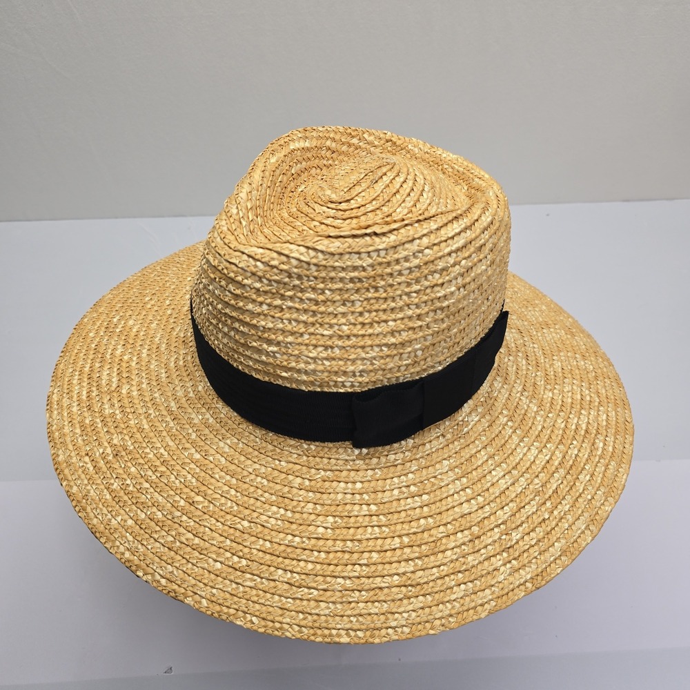 Brixton Joanna Straw Sun Hat Tan Black Grosgrain Ribbon Fedora Wide Brim XS - Picture 2 of 4